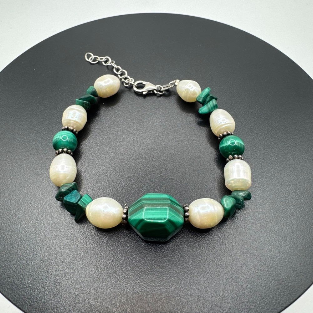 Ross Simons‎ RS 925 Sterling Silver Malachite Freshwater Cultured Pearl Bracelet